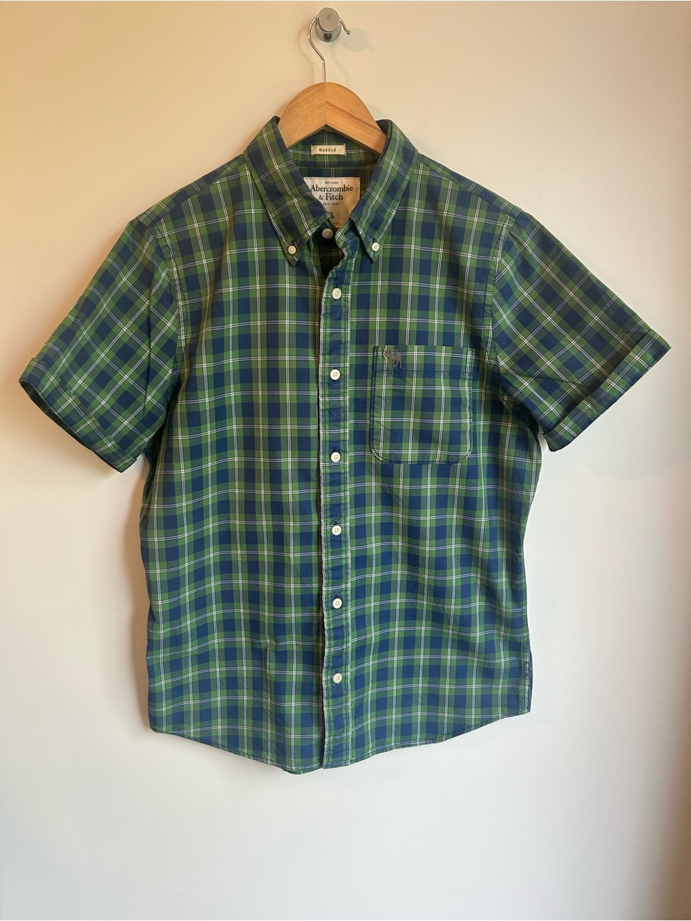 Abercrombie & Fitch Green and Blue Plaid Short-Sleeve Button-Down Shirt